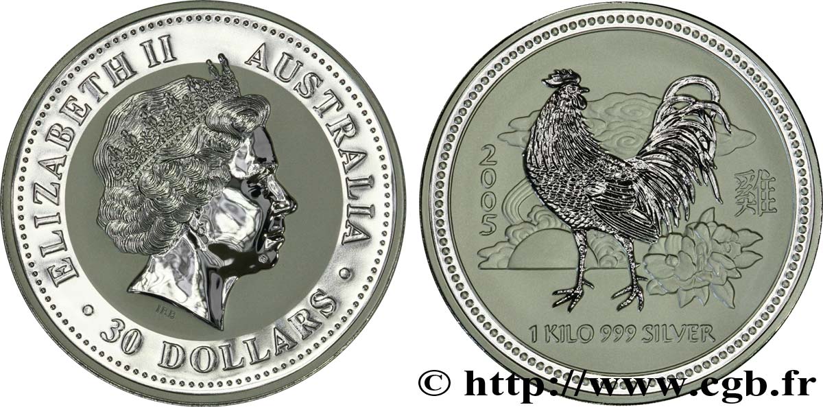 AUSTRALIA 30 Dollars BE (Proof) année du coq : Elisabeth II / coq 2005 Perth FDC 