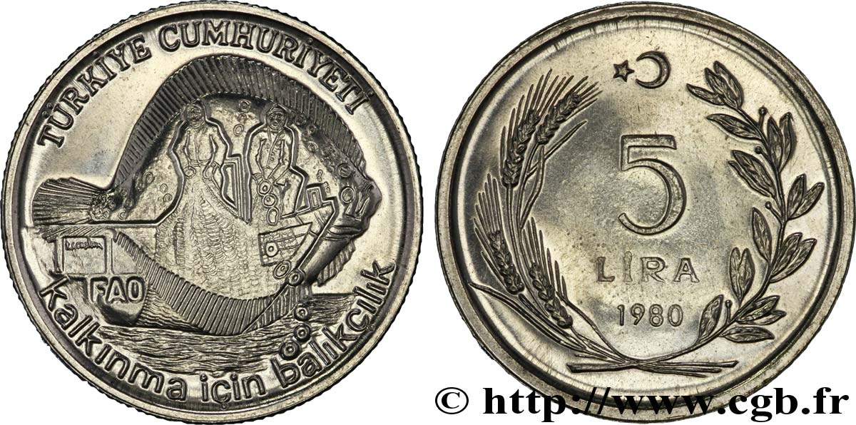 TURQUIE 5 Lira FAO : poisson et pêche 1980  SPL 