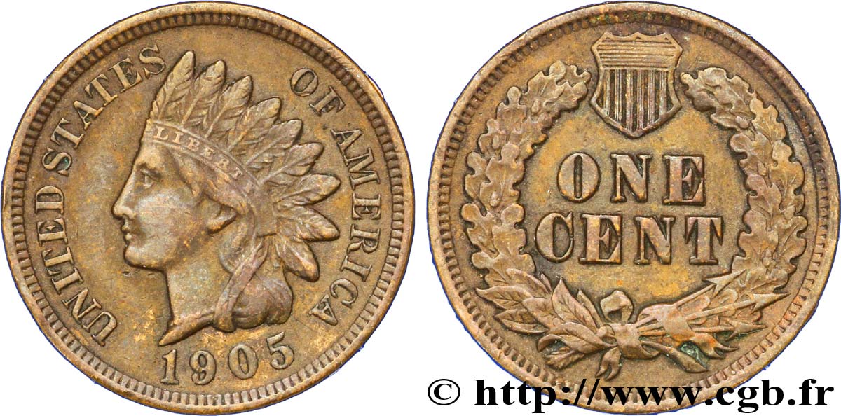 UNITED STATES OF AMERICA 1 Cent tête d’indien, 3e type 1905 Philadelphie AU 
