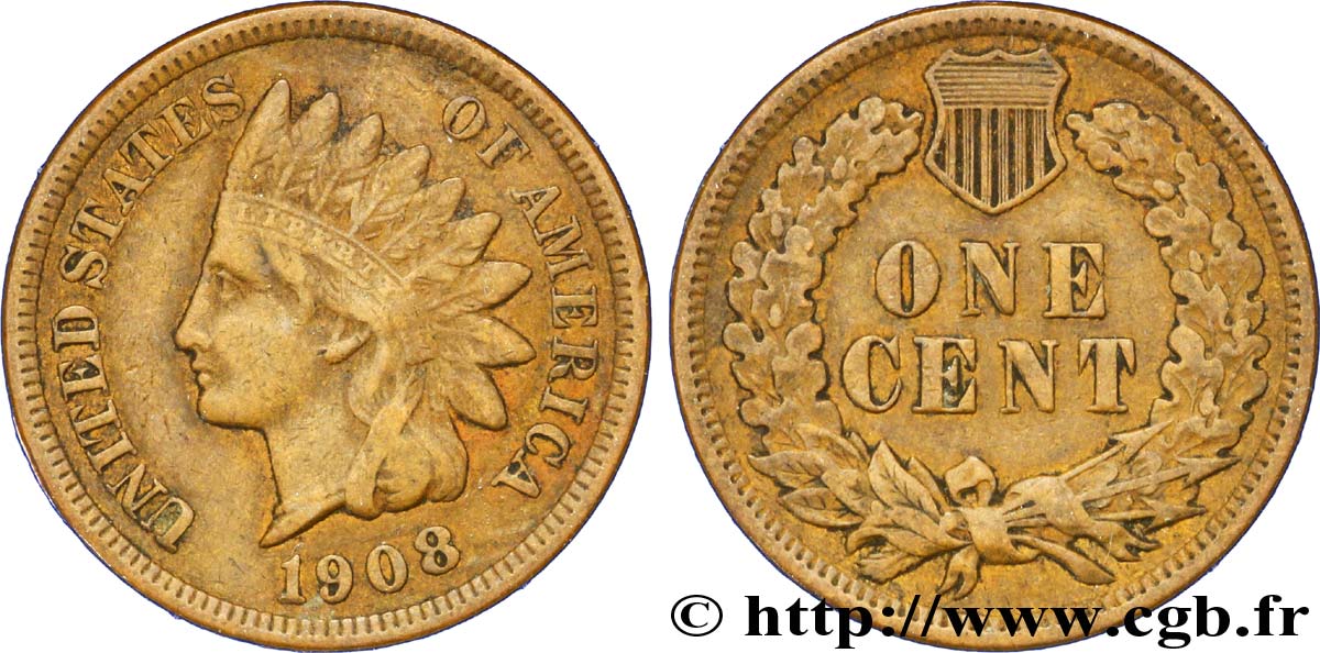 UNITED STATES OF AMERICA 1 Cent tête d’indien, 3e type 1908 Philadelphie XF 