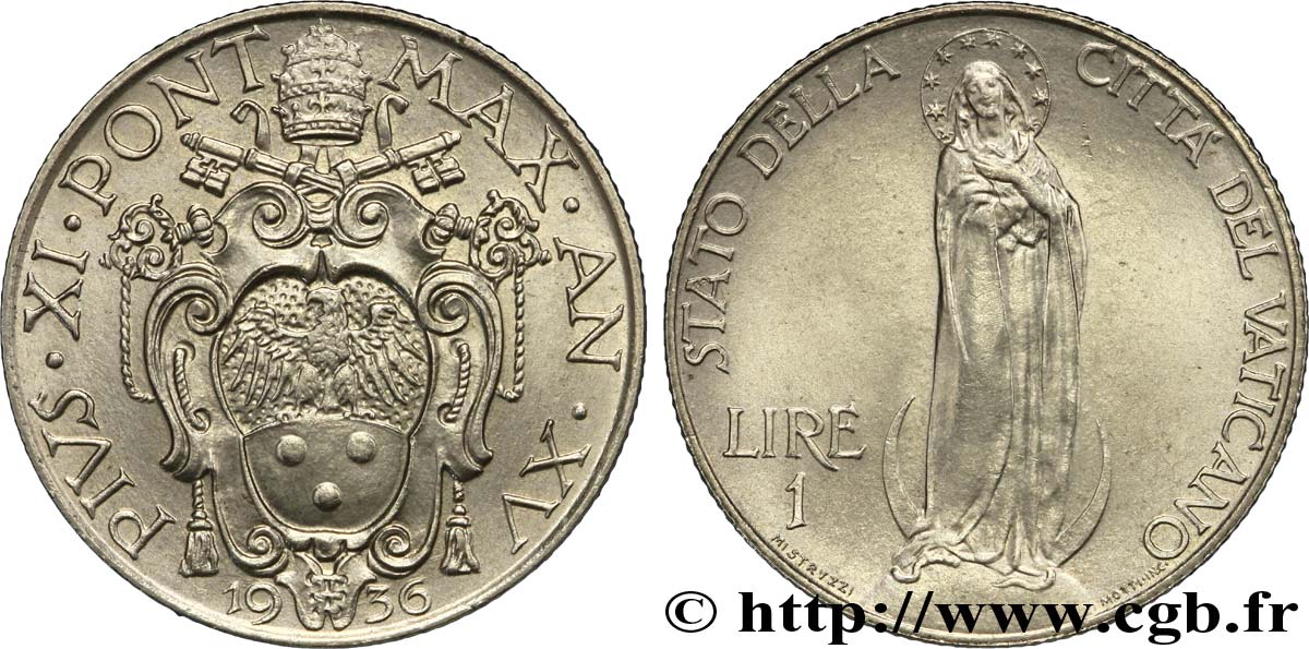 VATICAN AND PAPAL STATES 1 Lire frappe au nom de Pie XI an XV / Vierge sur un globe 1936 Rome AU 