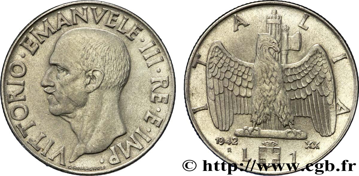 ITALIA 1 Lire Victor-Emmanuel III an XX / aigle et faisceau 1942 Rome - R EBC 