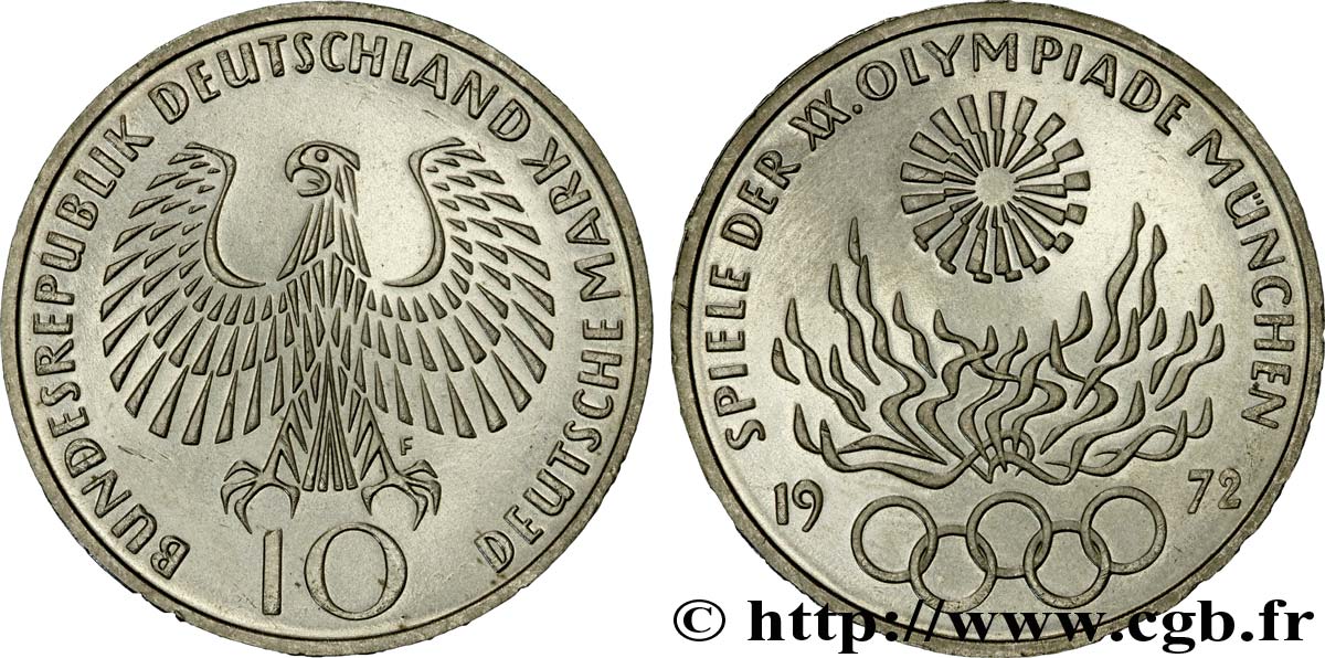 GERMANIA 10 Mark XXe J.O. Munich : aigle / flamme olympique 1972 Stuttgart - F SPL 