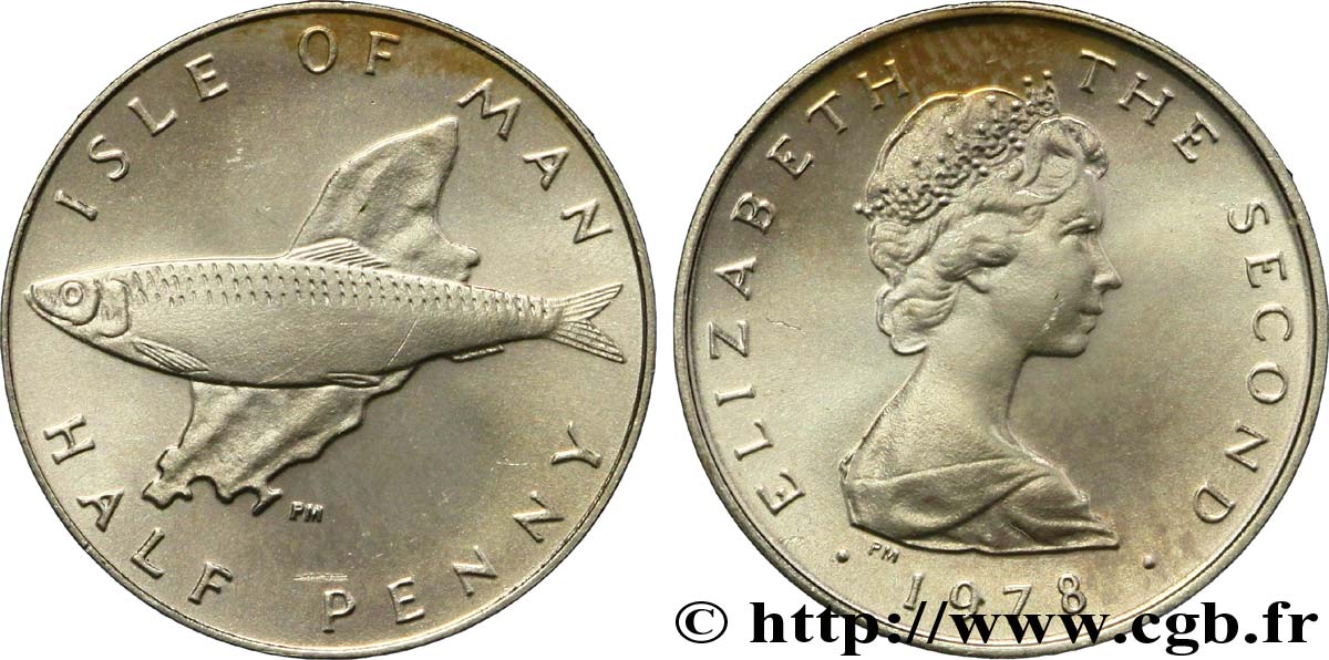 ÎLE DE MAN 1/2 Penny (Half Penny) Elisabeth II / hareng de l’Atlantique, carte de l’île 1978  SPL 