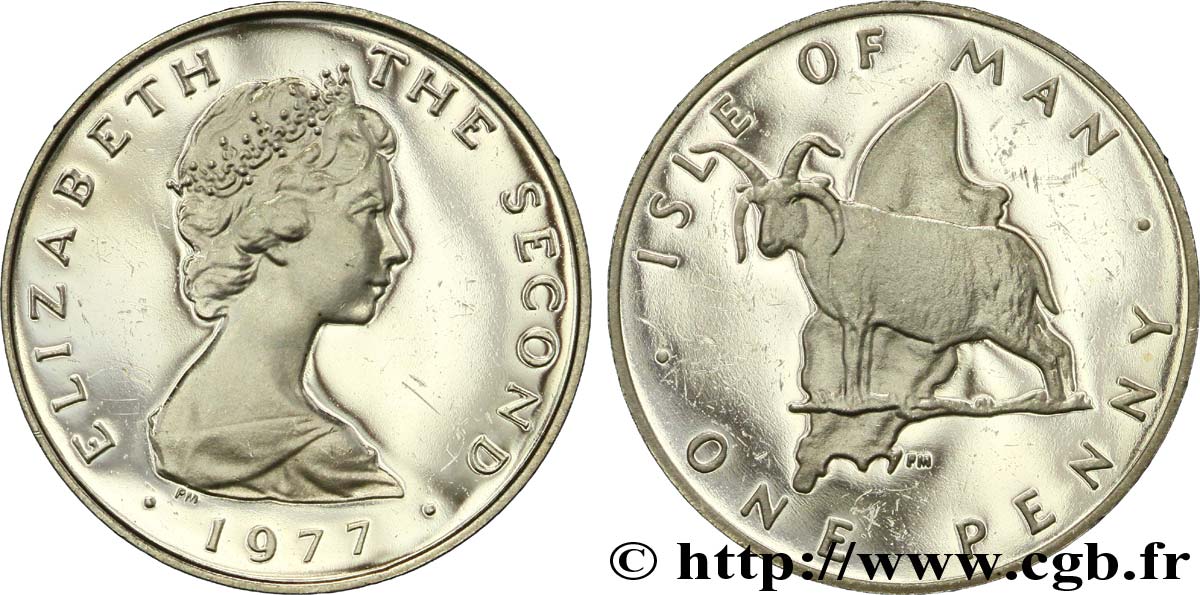 ISLE OF MAN 1 Penny Proof Elisabeth II / mouton loaghtyn et carte de l’île 1977  AU 
