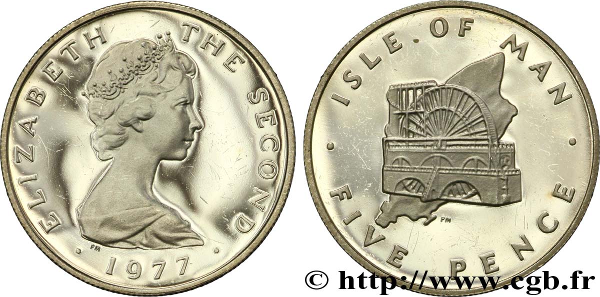 ISLA DE MAN 5 Pence Proof Elisabeth II / roue de Laxey et carte de l’île 1977  EBC 