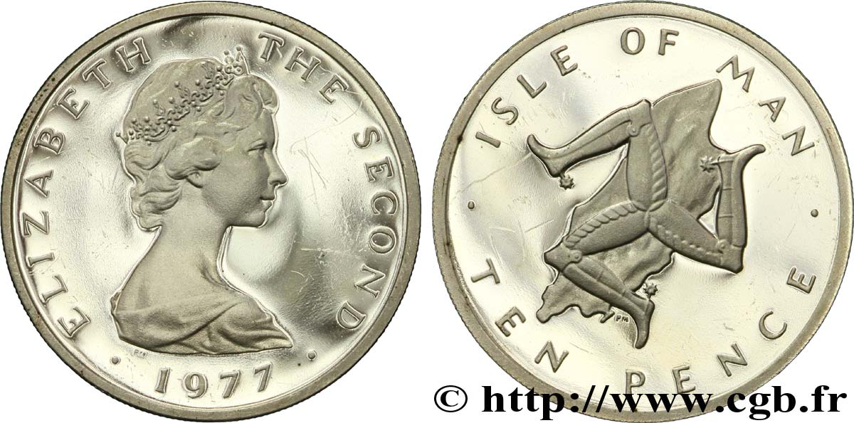 ISLE OF MAN 10 Pence Proof Elisabeth II / triskèle et carte de l’île 1977  AU 