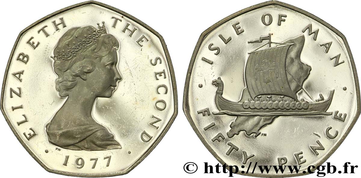 INSEL MAN 50 Pence (Proof) Elisabeth II / drakkar viking 1977  VZ 