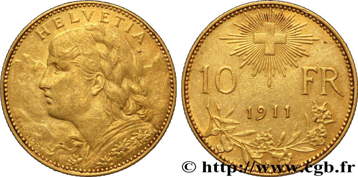 SUIZA 10 Francs or  Vreneli  Buste diadémé d Helvetia / Croix suisse 1911 Berne - B MBC+ 