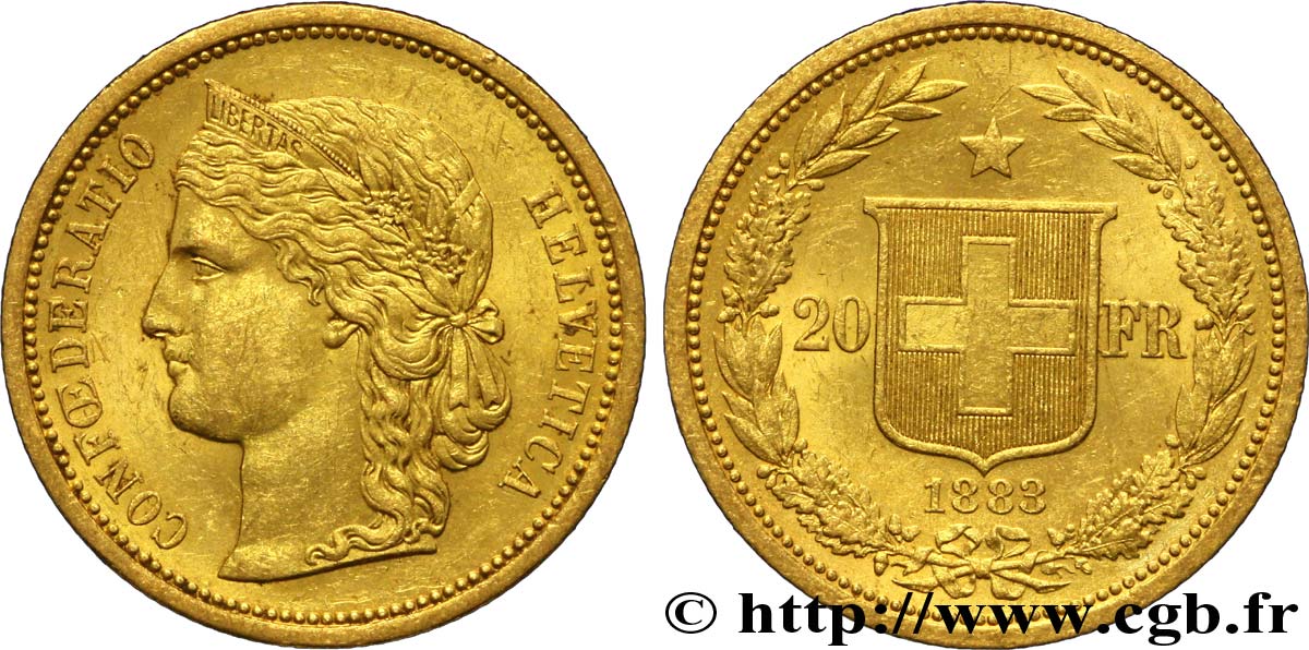 SWITZERLAND 20 Francs buste diadémé d Helvetia 1883 Berne - B AU 