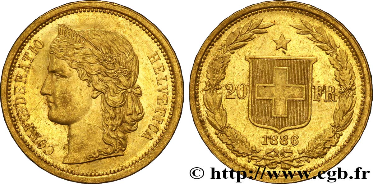 SCHWEIZ 20 Francs or buste diadémé d Helvetia / croix suisse 1886 Berne - B VZ 