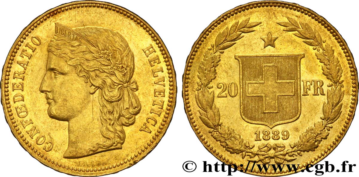 SCHWEIZ 20 Francs or buste diadémé d Helvetia / croix suisse 1889 Berne - B fVZ 