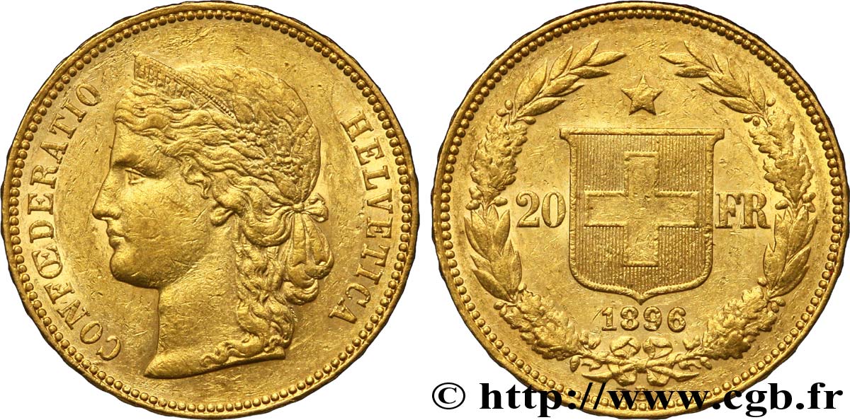SWITZERLAND 20 Francs or Helvetia 1896 Berne XF 