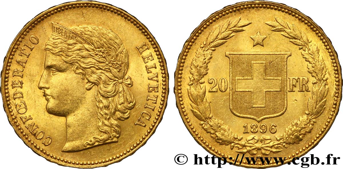 SWITZERLAND 20 Francs or Helvetia 1896 Berne AU 