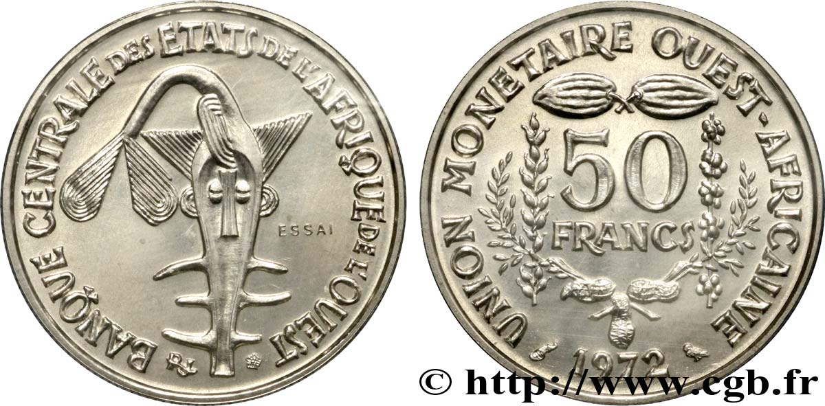 WEST AFRICAN STATES (BCEAO) Essai 50 Francs masque 1972 Paris MS 