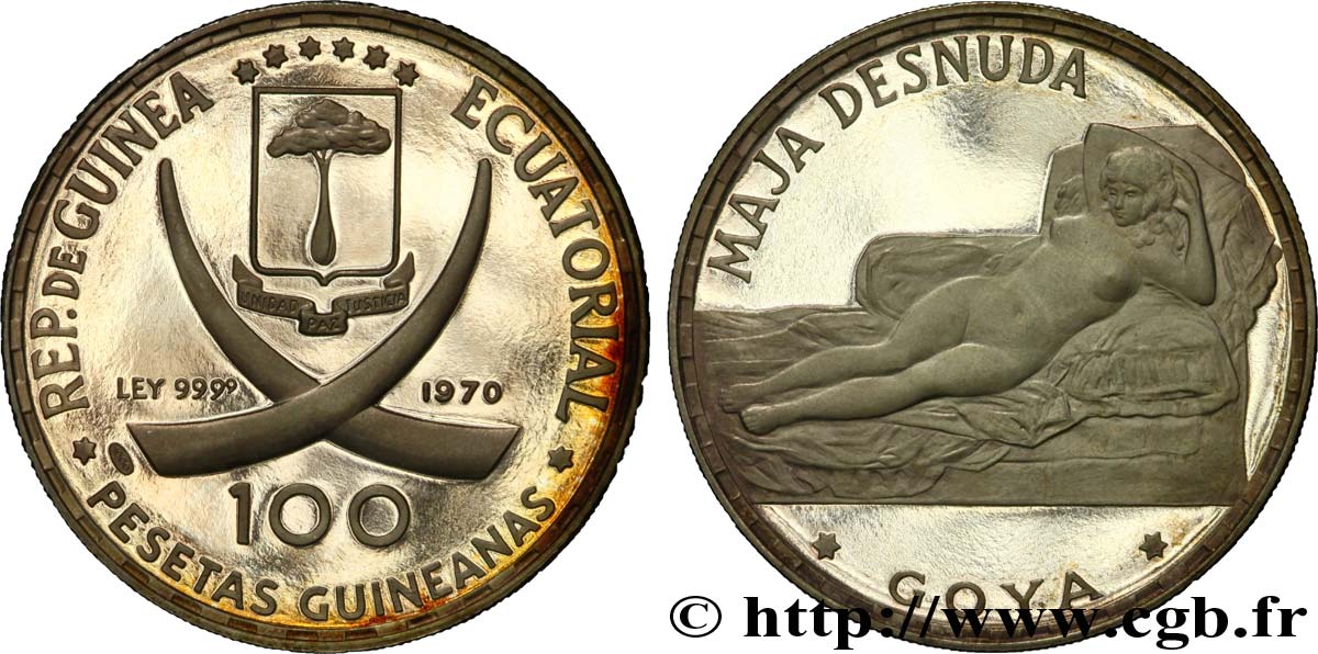 EQUATORIAL GUINEA 100 Pesetas Proof écu, défenses d’éléphant croisées / La Maja nue 1970  AU 