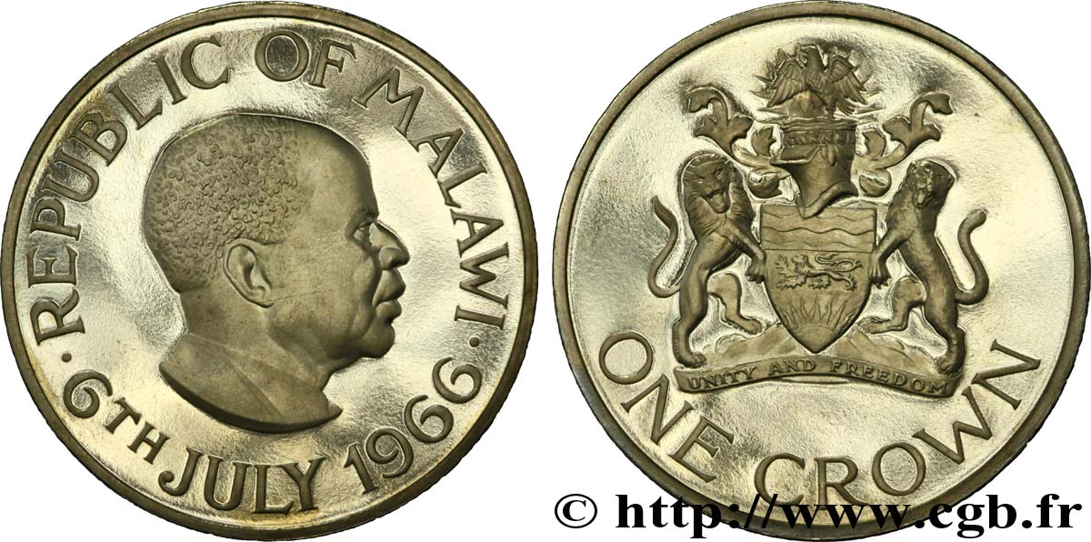 MALAWI 1 Crown Proof Hastings Kamuzu Banda / emblème 1966  fST 