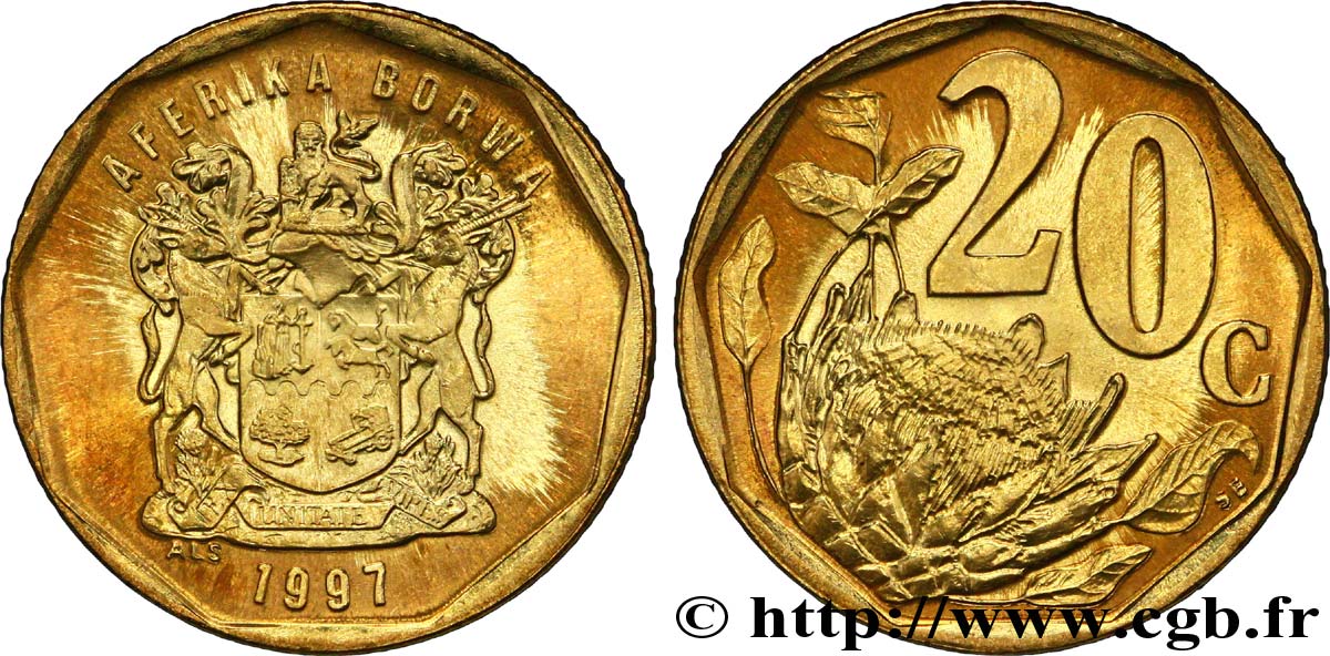SüDAFRIKA 20 Cents emblème “Aferika Borwa” / fleur 1998  fST 