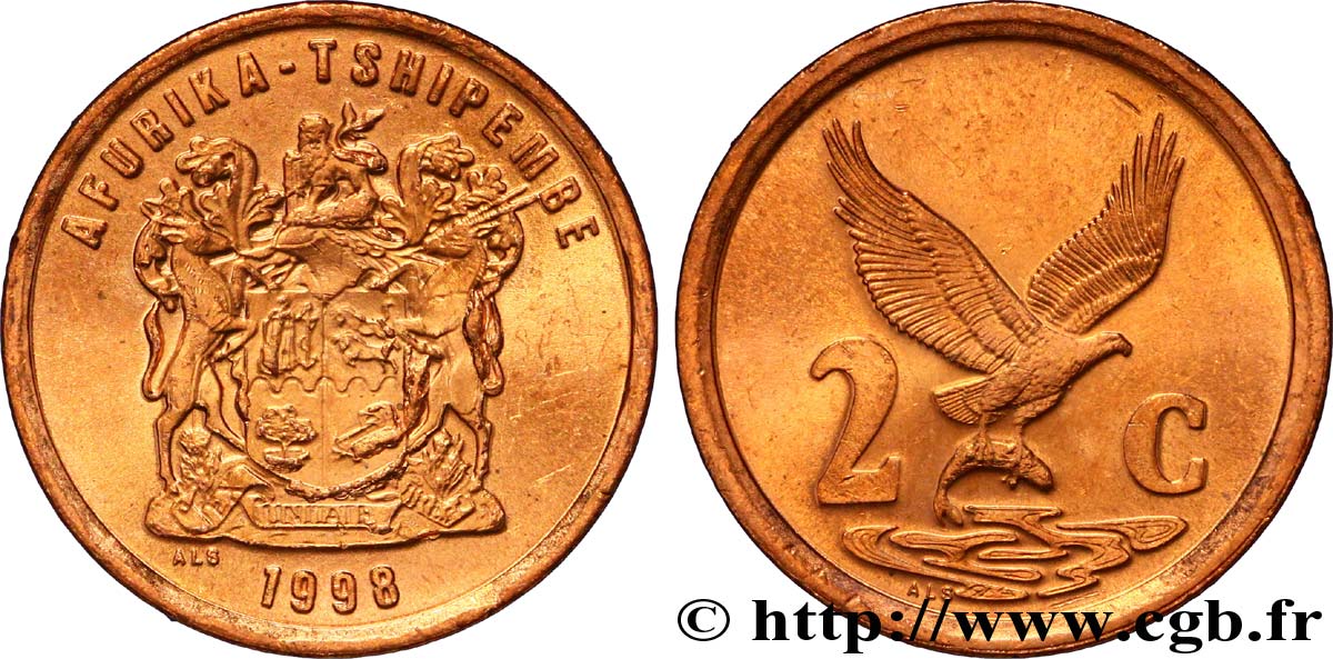 SüDAFRIKA 2 Cents emblème “Afurika Tshipembe” / grue bleue 1998  fST 