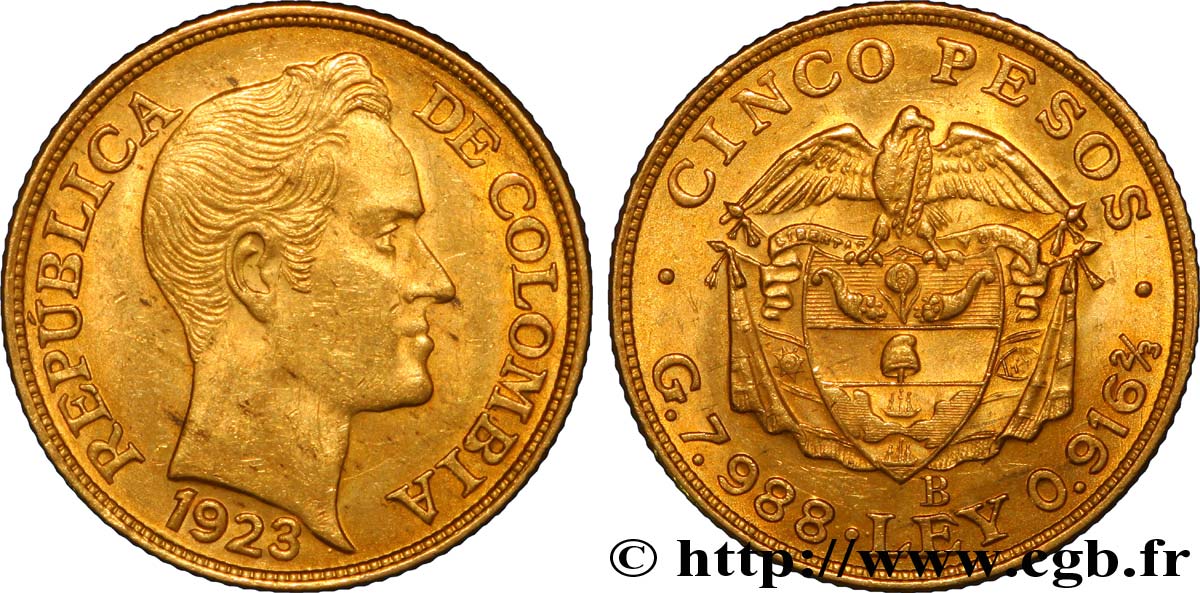 KOLUMBIEN 5 Pesos or type grosse tête emblème / Simon Bolivar 1923 Bogota fVZ 