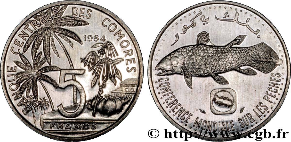 COMORAS 5 Francs poisson coelacanthe / cocotiers 1984 Paris SC 