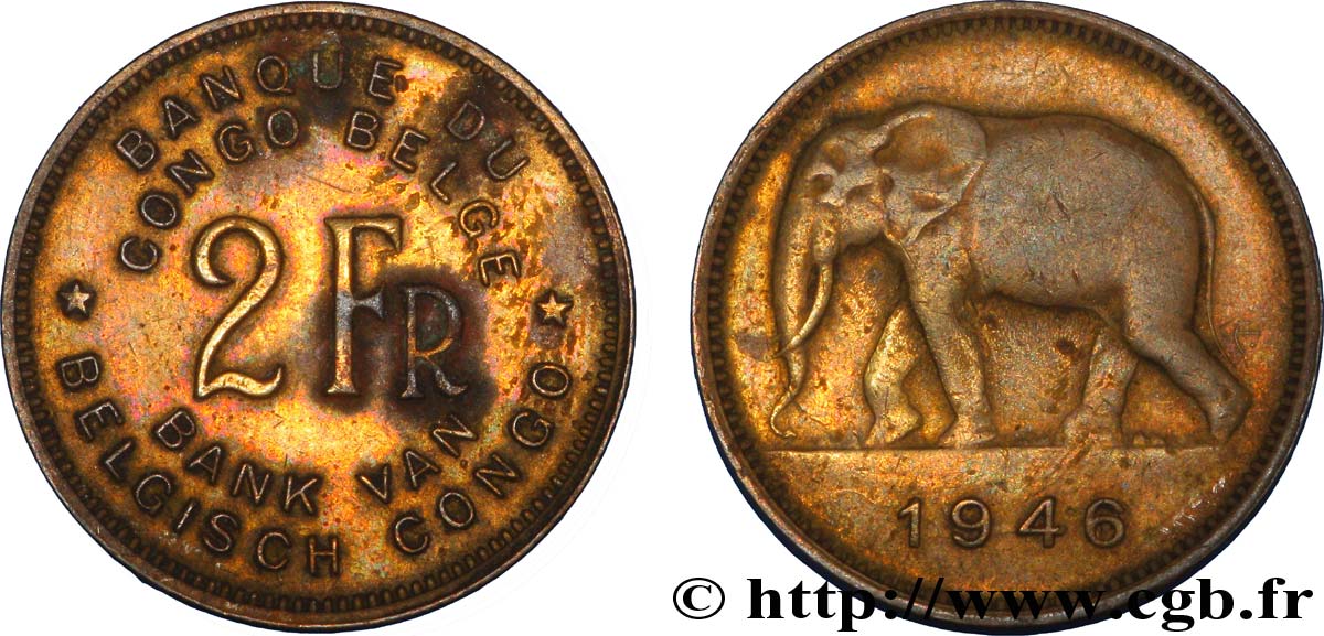 BELGA CONGO 2 Francs éléphant 1946  MBC 