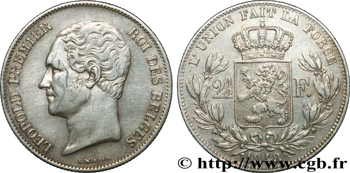 BELGIO 2 1/2 Francs Léopold Ier / écu couronné, 2e type, petite tête nue 1848 Bruxelles BB50 