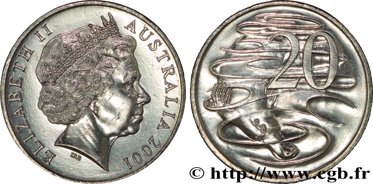 AUSTRALIEN 20 Cents Elisabeth II / Ornithorynque 2001  VZ 