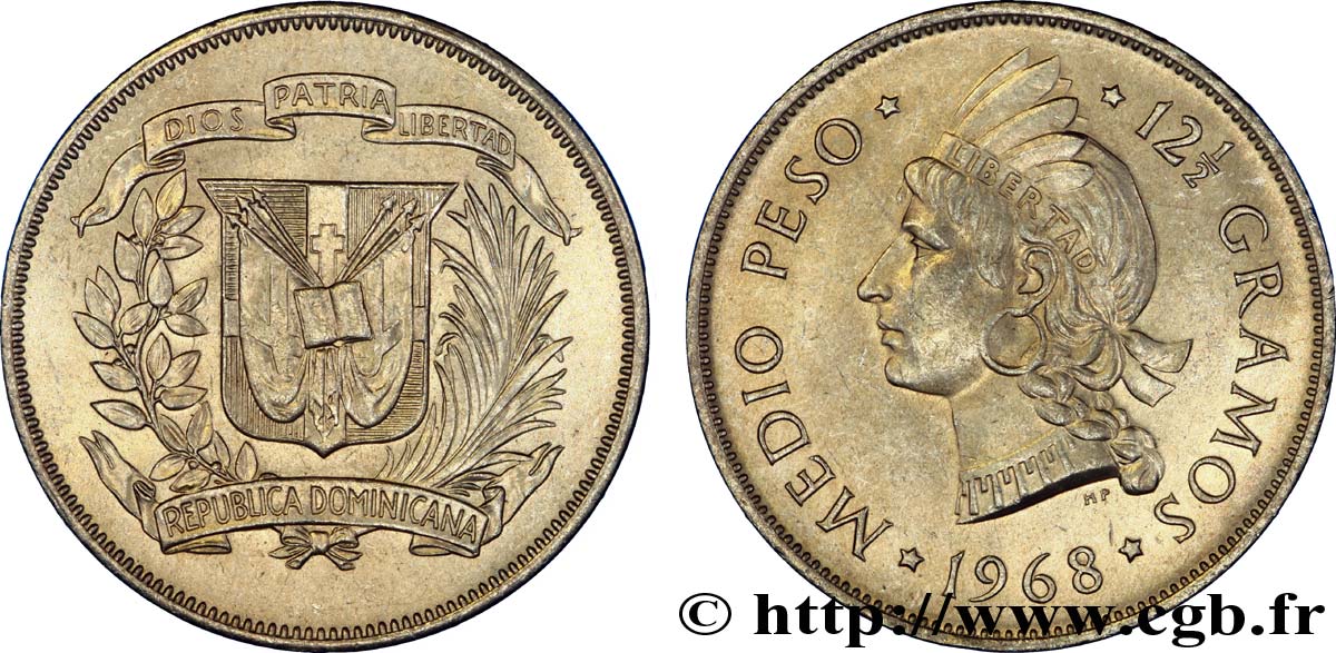 RÉPUBLIQUE DOMINICAINE 1/2 Peso emblème / princesse tainos 1968  SPL 