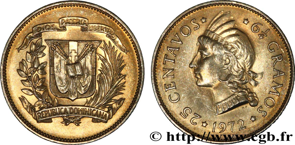 DOMINIKANISCHE REPUBLIK 25 Centavos emblème / princesse tainos 1972  fST 