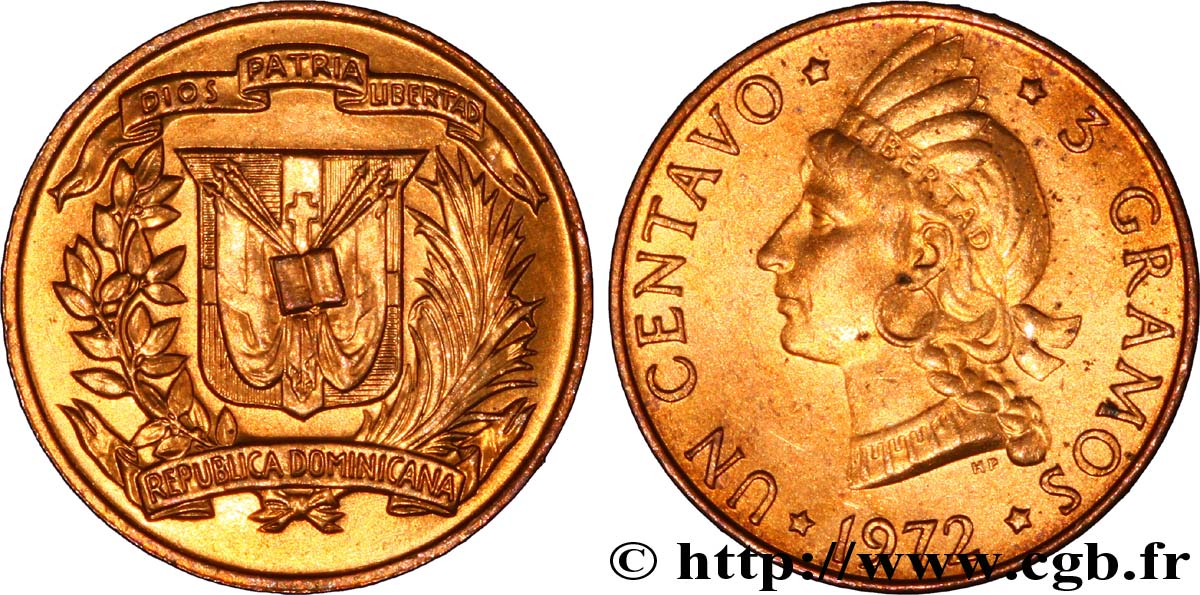 REPUBBLICA DOMINICA 1 Centavo emblème / princesse tainos 1972  MS 