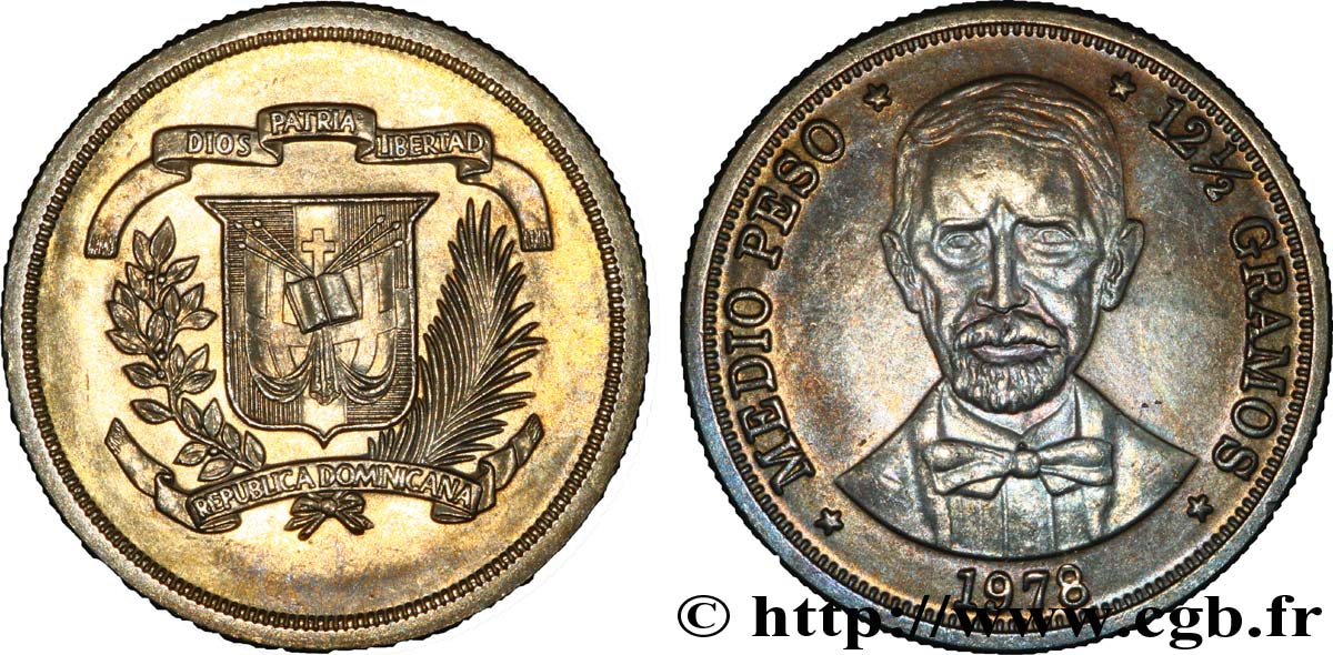 RÉPUBLIQUE DOMINICAINE 1/2 Peso emblème / Juan Pablo Duarte 1978  SPL 