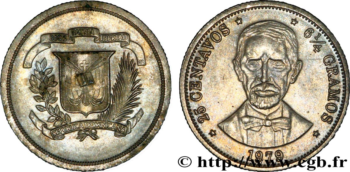 DOMINIKANISCHE REPUBLIK 25 Centavos emblème / Juan Pablo Duarte 1979  VZ 