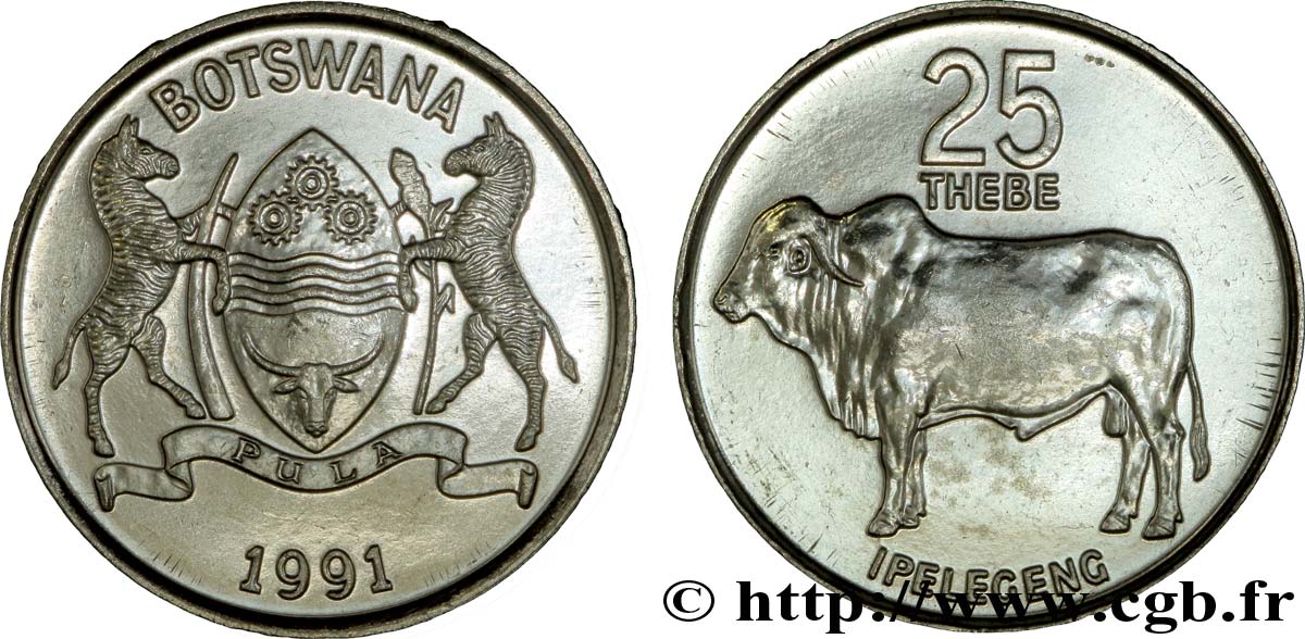 BOTSWANA  25 Thebe emblème / zébu 1991  SC 