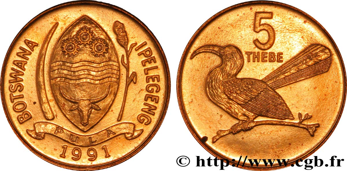 BOTSWANA (REPUBLIC OF) 5 Thebe oiseau Toko 1991  MS 