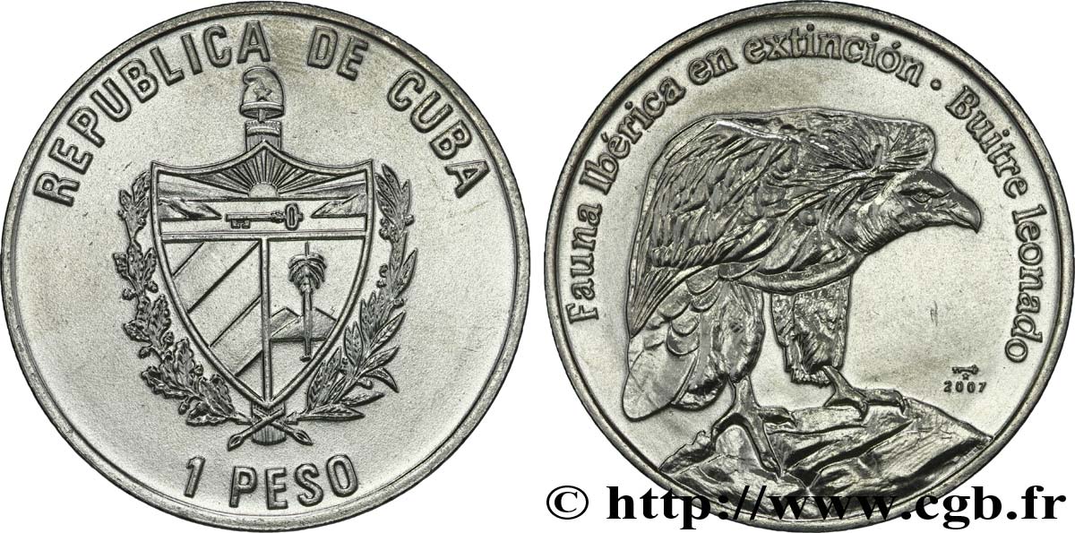 CUBA 1 Peso série Faune Ibérique  en voie d’extinction : emblème / vautour fauve 2007  MS 