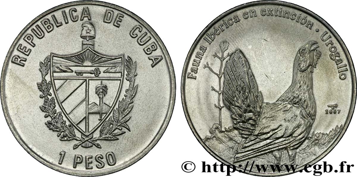 CUBA 1 Peso série Faune Ibérique  en voie d’extinction : emblème / Grand Tétra 2007  MS 