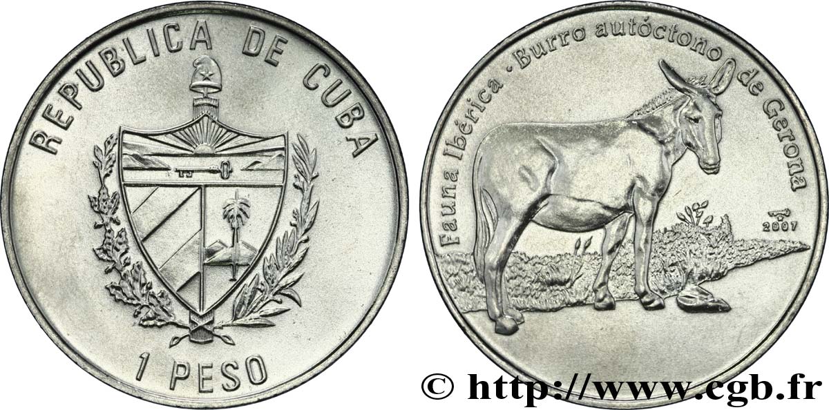 CUBA 1 Peso série Faune Ibérique  en voie d’extinction : emblème / âne de Gérone 2007  MS 