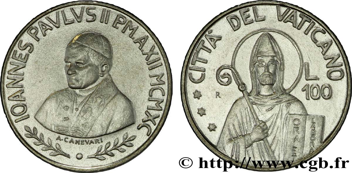 VATICAN AND PAPAL STATES 100 Lire Jean Paul II an XII 1990  MS 