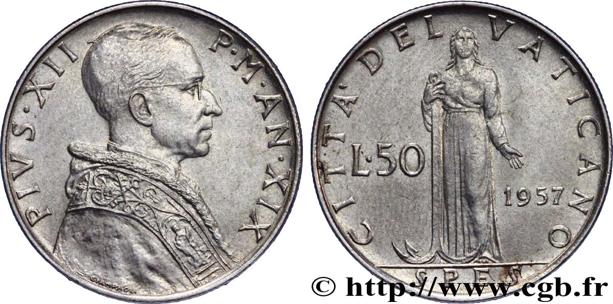 VATICAN AND PAPAL STATES 50 Lire Pie XII an XIX / Spes 1957 Rome - R AU 