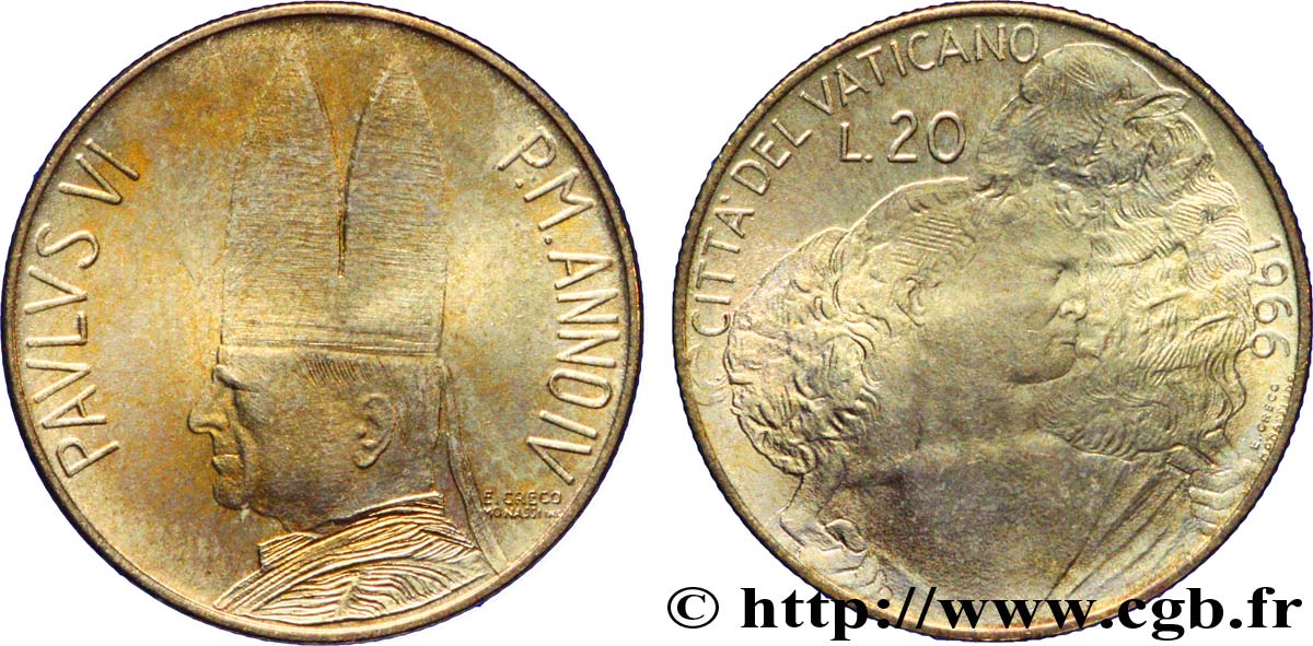 VATICAN AND PAPAL STATES 20 Lire Paul VI an IV / le berger 1966 Rome MS 