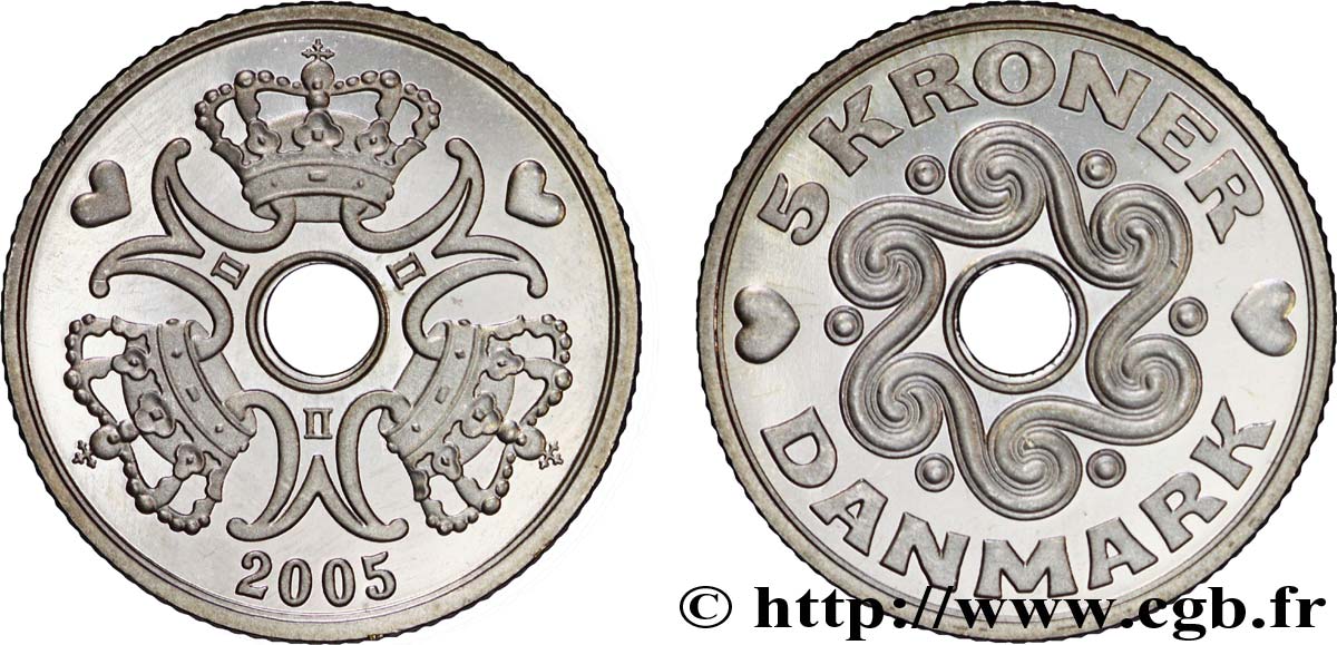 DINAMARCA 5 Kroner couronnes et monograme de la reine Margrethe II 2005 Copenhague SC 