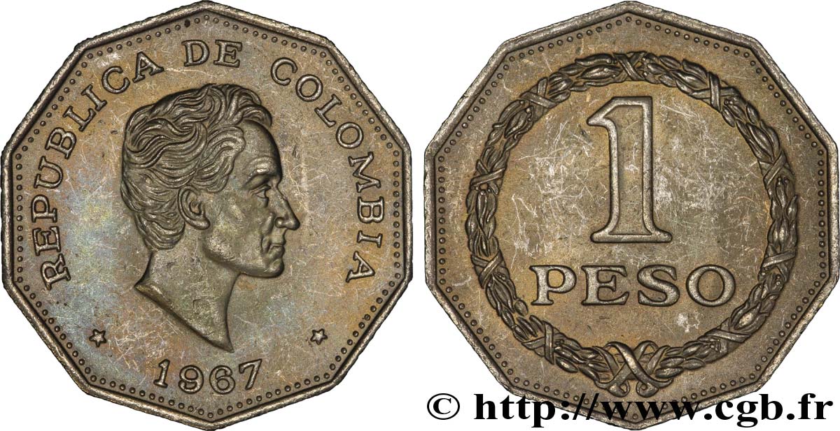 KOLUMBIEN 1 Peso Simon Bolivar 1967  VZ 
