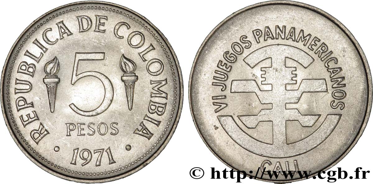KOLUMBIEN 5 Pesos 6e Jeux Panaméricains de Cali : torches / emblème 1971  VZ 