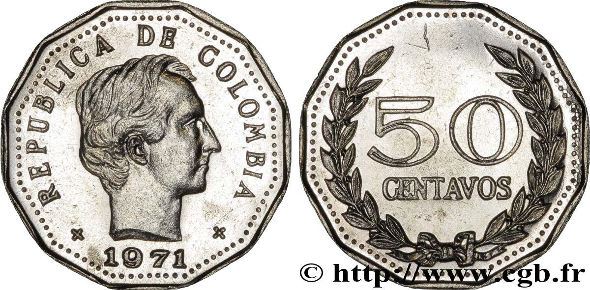 KOLUMBIEN 50 Centavos Simon Bolivar 1971  VZ 