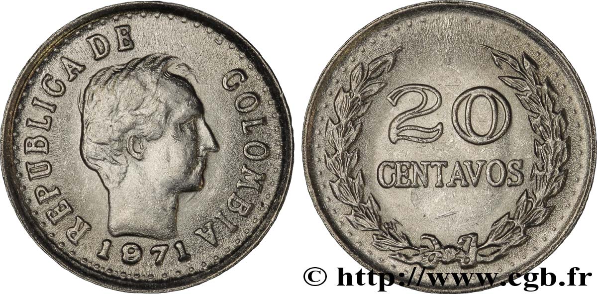 COLOMBIE 20 Centavos Francisco de Paula Santander 1971  SUP 