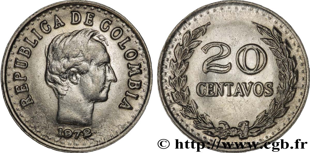 COLOMBIA 20 Centavos Francisco de Paula Santander 1972  EBC 