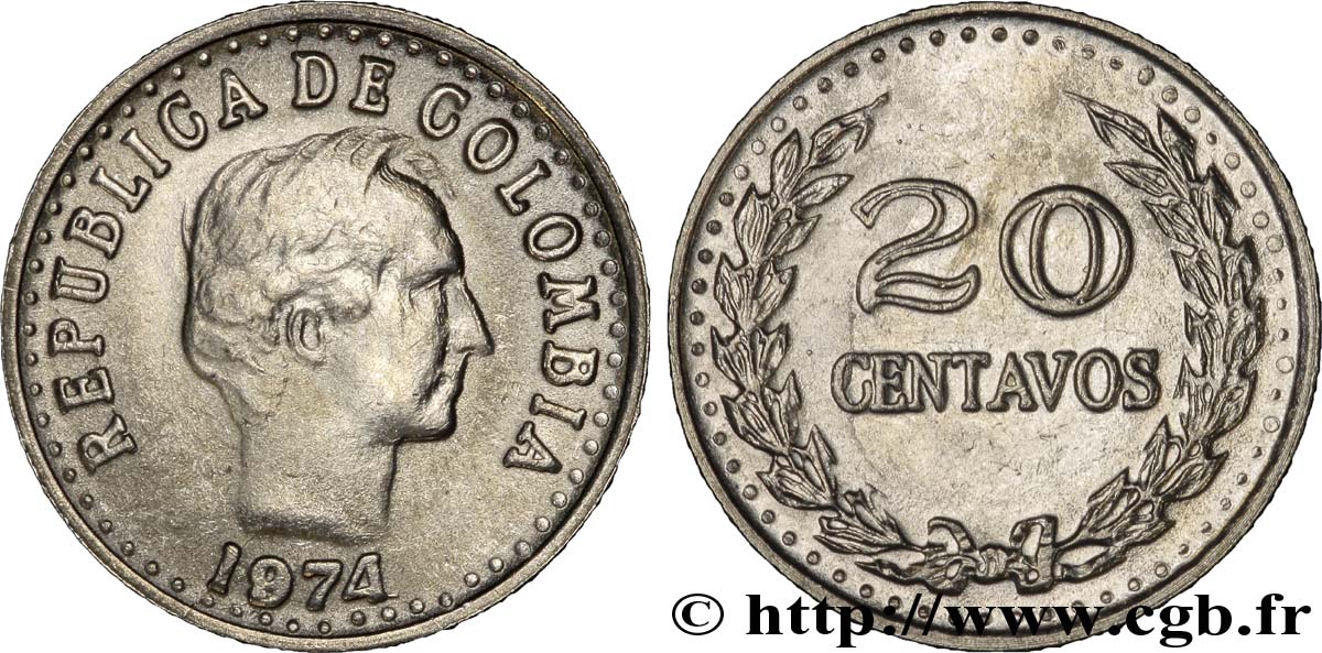 COLOMBIA 20 Centavos Francisco de Paula Santander  surfrappe 1974/1 1974  AU 