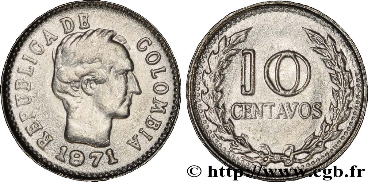 COLOMBIA 10 Centavos Francisco de Paula Santander 1971  SPL 