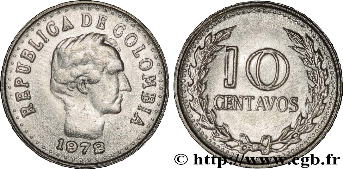 COLOMBIA 10 Centavos Francisco de Paula Santander 1972  AU 